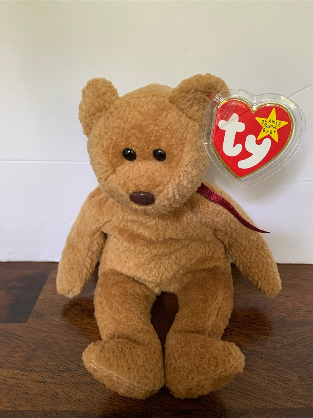 Ty 'Curly" Plush Teddy Bear — Light Brown with Maroon Ribbon